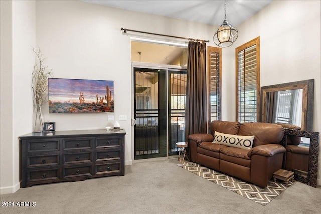 living room featuring light colored carpet