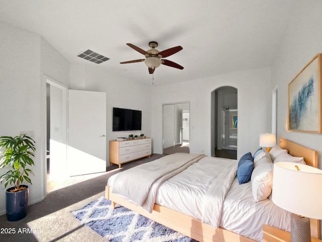 carpeted bedroom with ceiling fan