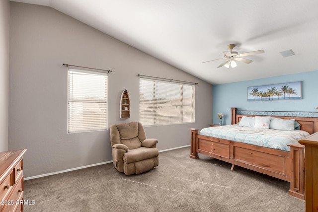 bedroom featuring vaulted ceiling, ceiling fan, and carpet