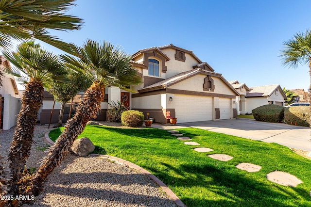 view of front of property featuring a garage and a front lawn