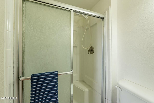 full bathroom featuring toilet and a shower stall