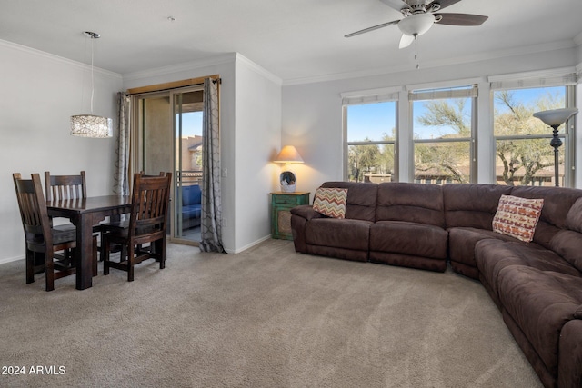 carpeted living room featuring ceiling fan and crown molding