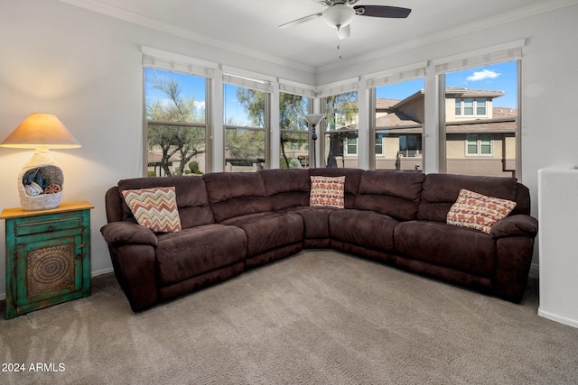 living room with carpet floors, ceiling fan, and crown molding