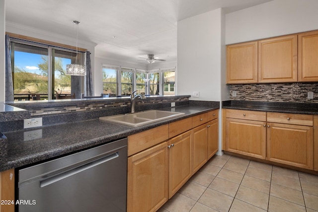 kitchen featuring dishwasher, crown molding, sink, ceiling fan, and tasteful backsplash