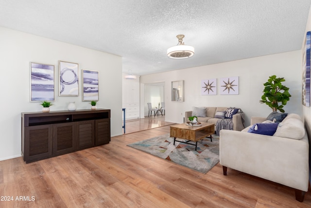 living room with hardwood / wood-style floors and a textured ceiling