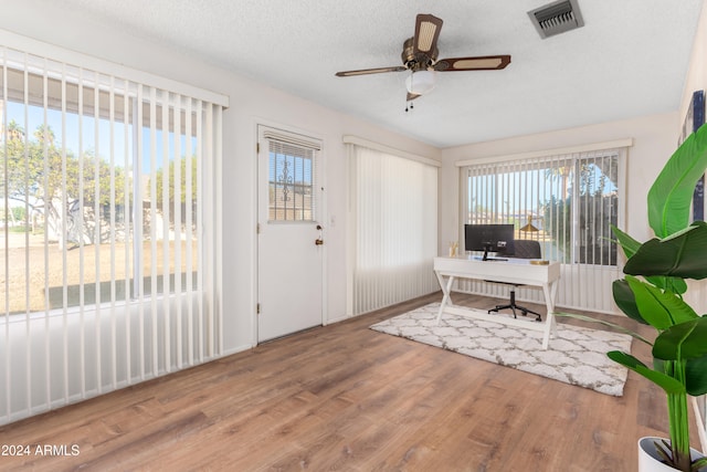 office space with plenty of natural light, ceiling fan, wood-type flooring, and a textured ceiling