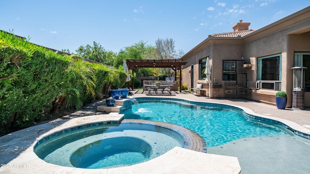 7130 E Saddleback St Unit 58, Mesa, AZ 85207 - view of swimming pool with a pergola, a patio, a pool with connected hot tub, and fence