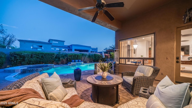 7130 E Saddleback St Unit 58, Mesa, AZ 85207 - view of pool featuring ceiling fan, a patio, outdoor lounge area, a fenced backyard, and a pool with connected hot tub