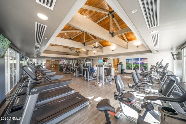 7130 E Saddleback St Unit 58, Mesa, AZ 85207 - gym featuring plenty of natural light, wood ceiling, wood finished floors, and ceiling fan