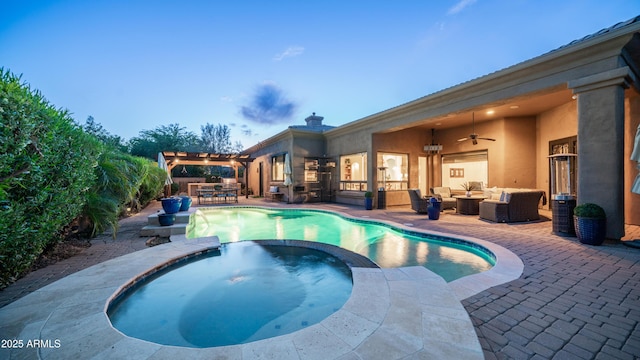 7130 E Saddleback St Unit 58, Mesa, AZ 85207 - view of pool with an outdoor hangout area, a patio, ceiling fan, a pool with connected hot tub, and outdoor dining space