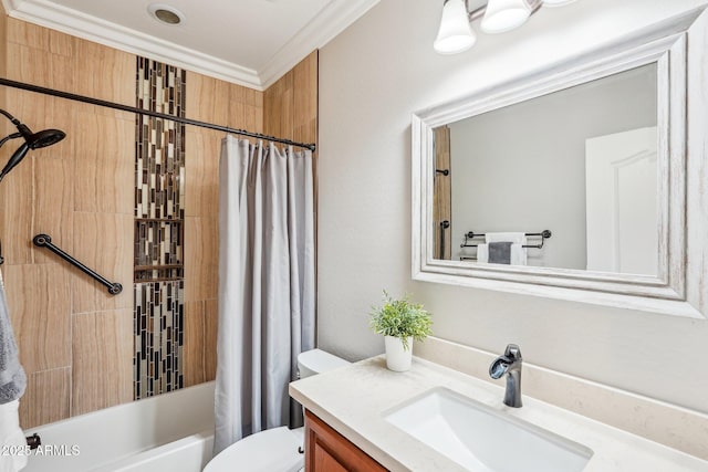 full bathroom featuring ornamental molding, shower / tub combo, vanity, and toilet