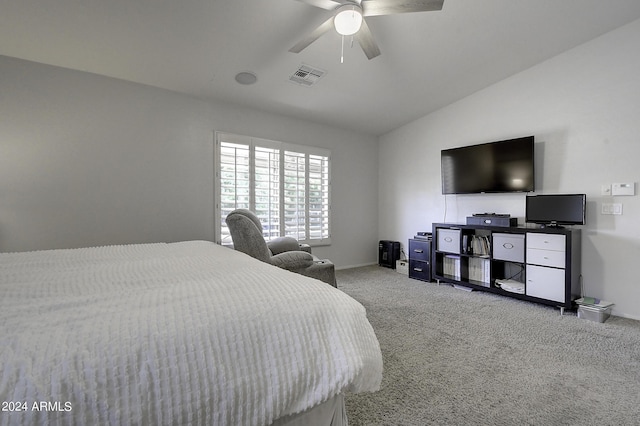 carpeted bedroom with lofted ceiling and ceiling fan