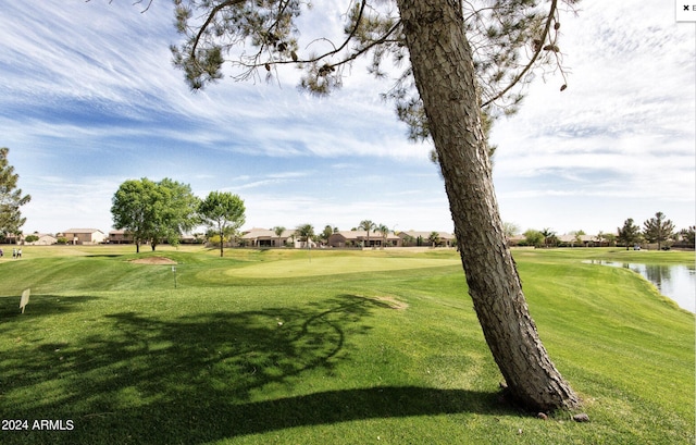 view of property's community with a water view and a lawn