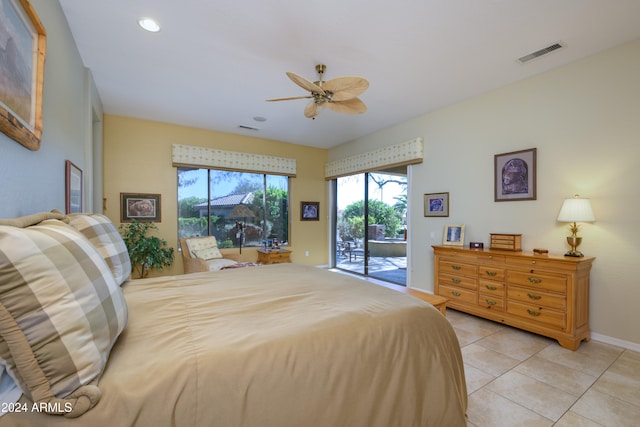 tiled bedroom featuring access to outside and ceiling fan