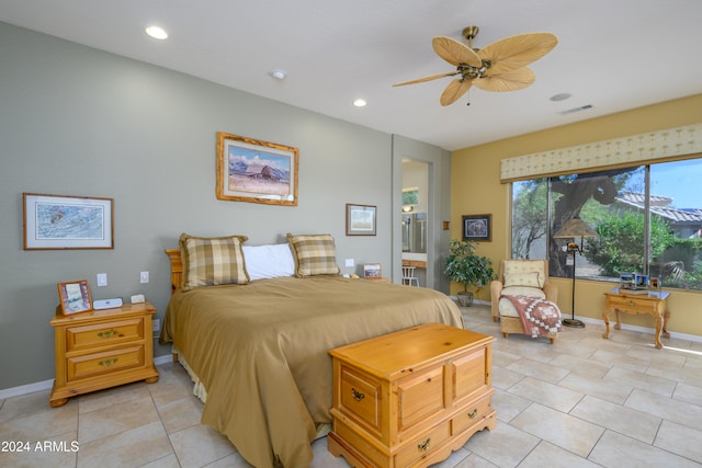 bedroom featuring ceiling fan and light tile patterned floors