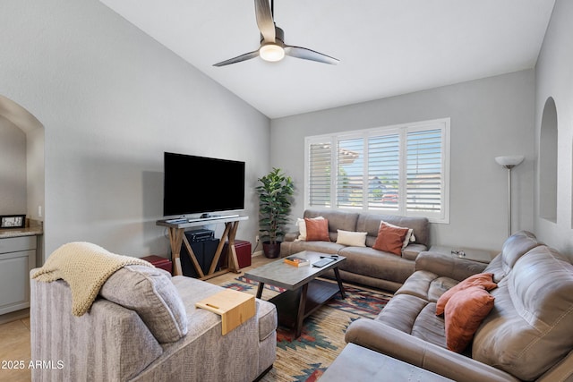 1231 E Sunburst Ln, Tempe, AZ 85284 - living area with arched walkways, ceiling fan, and lofted ceiling
