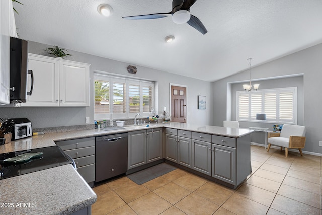 1231 E Sunburst Ln, Tempe, AZ 85284 - kitchen featuring dishwasher, gray cabinetry, a sink, a chandelier, and lofted ceiling