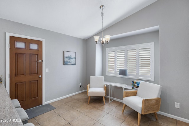1231 E Sunburst Ln, Tempe, AZ 85284 - sitting room with lofted ceiling, a chandelier, light tile patterned flooring, and baseboards
