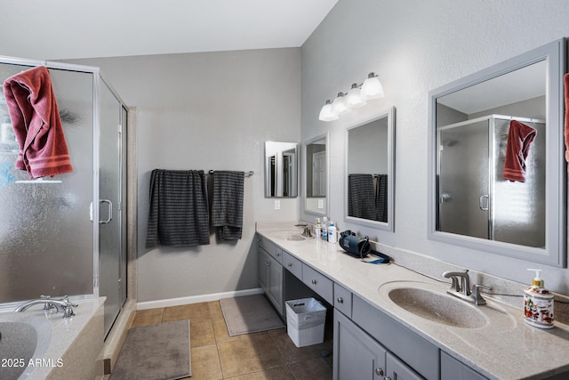 1231 E Sunburst Ln, Tempe, AZ 85284 - bathroom with double vanity, a shower stall, tile patterned floors, and a bath