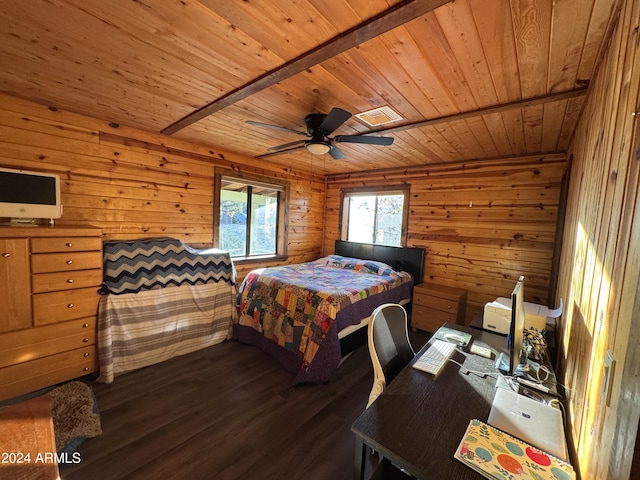 bedroom with wooden walls, wooden ceiling, ceiling fan, and dark wood-type flooring