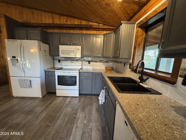 kitchen featuring white appliances, sink, vaulted ceiling, dark hardwood / wood-style floors, and wood ceiling