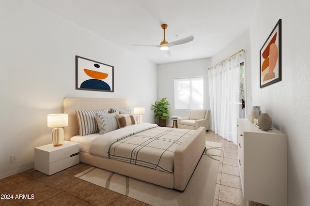 bedroom featuring ceiling fan and light tile patterned flooring