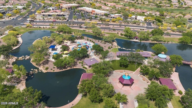 aerial view featuring a water view and a residential view