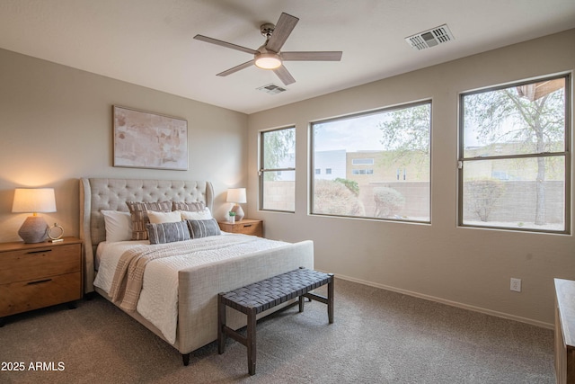 bedroom featuring carpet, visible vents, ceiling fan, and baseboards