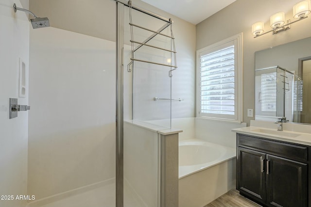 bathroom featuring vanity and independent shower and bath