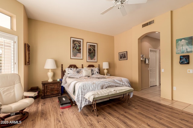 bedroom featuring ceiling fan and light hardwood / wood-style floors