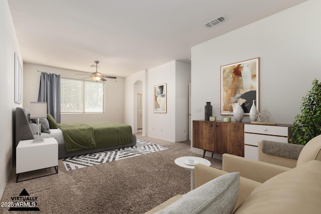 bedroom featuring ceiling fan and carpet flooring