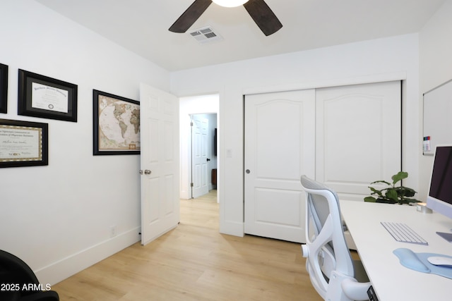 office featuring ceiling fan and light wood-type flooring