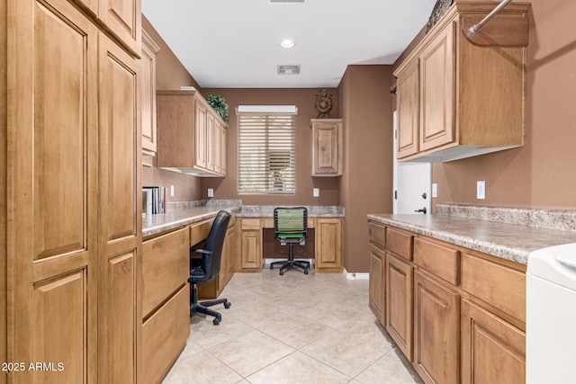 home office featuring light tile patterned floors, visible vents, built in desk, and recessed lighting