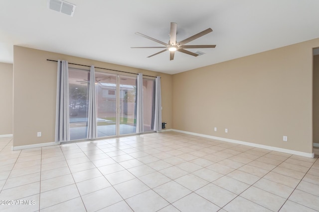 unfurnished room with ceiling fan, visible vents, and baseboards