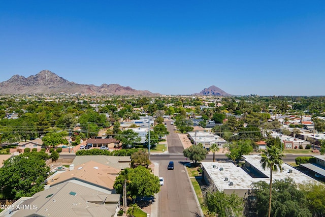 drone / aerial view featuring a mountain view and a residential view