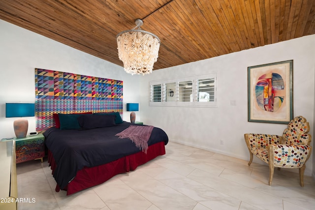 bedroom with vaulted ceiling, wood ceiling, and an inviting chandelier