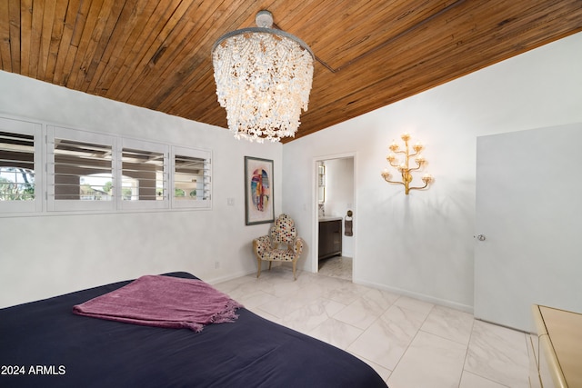 unfurnished bedroom featuring an inviting chandelier, wood ceiling, and vaulted ceiling