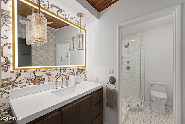 bathroom with toilet, wooden ceiling, a notable chandelier, vanity, and an enclosed shower