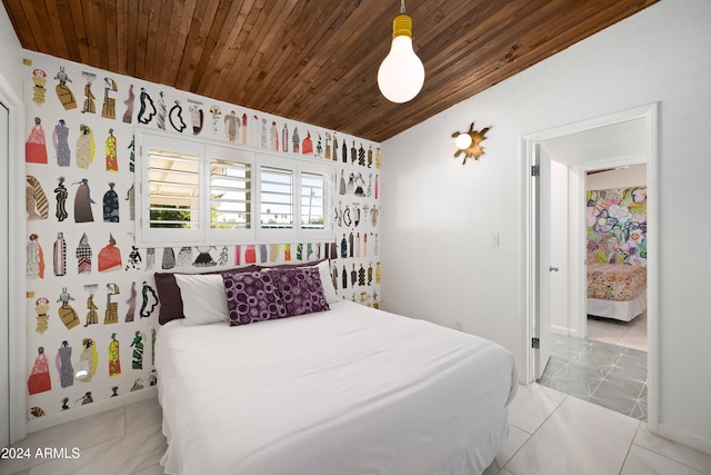 tiled bedroom with lofted ceiling and wood ceiling