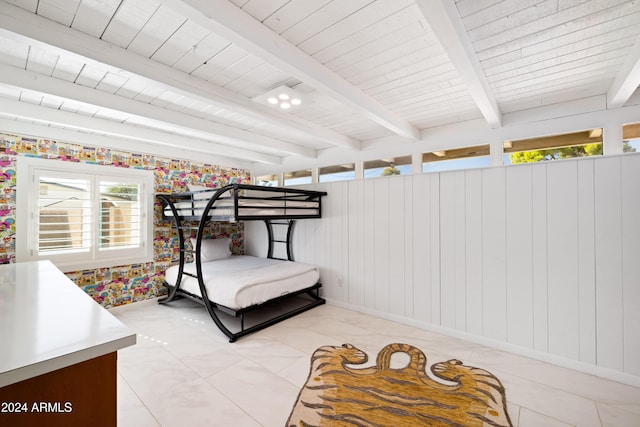 tiled bedroom featuring wood walls, beamed ceiling, and wooden ceiling