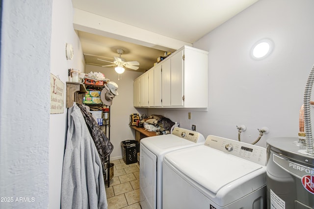 4112 E Maldonado Dr, Phoenix, AZ 85042 - laundry room featuring water heater, light tile patterned floors, a ceiling fan, washer and clothes dryer, and cabinet space
