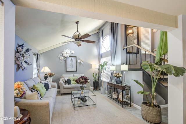 4112 E Maldonado Dr, Phoenix, AZ 85042 - living area with a ceiling fan, lofted ceiling, and stairs