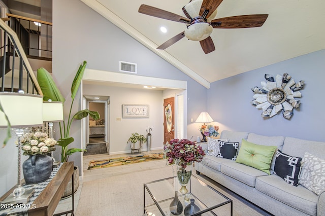 4112 E Maldonado Dr, Phoenix, AZ 85042 - living room featuring visible vents, a ceiling fan, recessed lighting, stairway, and high vaulted ceiling