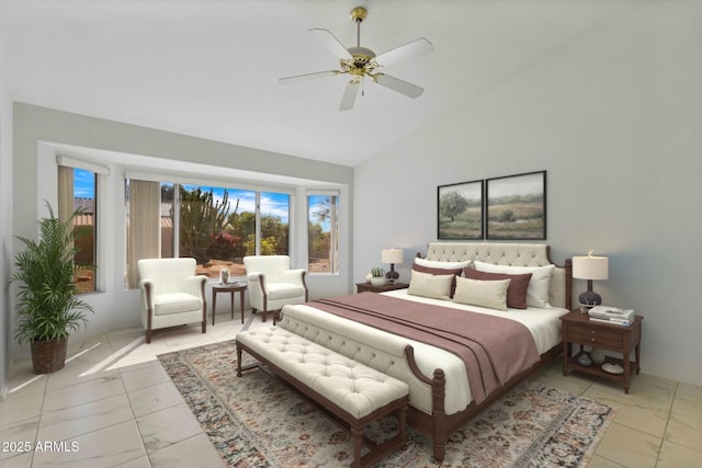 bedroom with vaulted ceiling, a ceiling fan, and marble finish floor