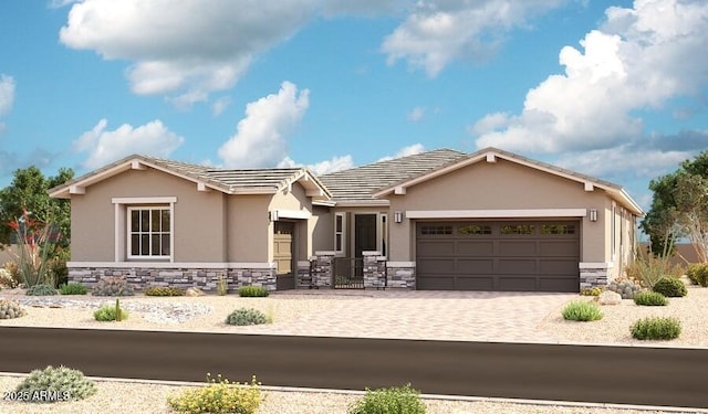 ranch-style home with a garage, stone siding, driveway, and stucco siding