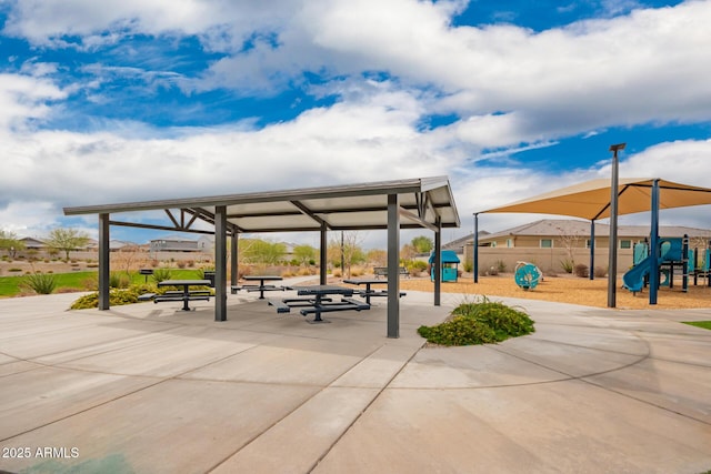 view of community featuring playground community and a gazebo