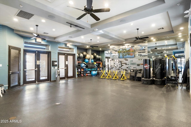 19777 N 76th St N Unit 2243, Scottsdale, AZ 85255 - gym with ceiling fan, french doors, coffered ceiling, and beam ceiling