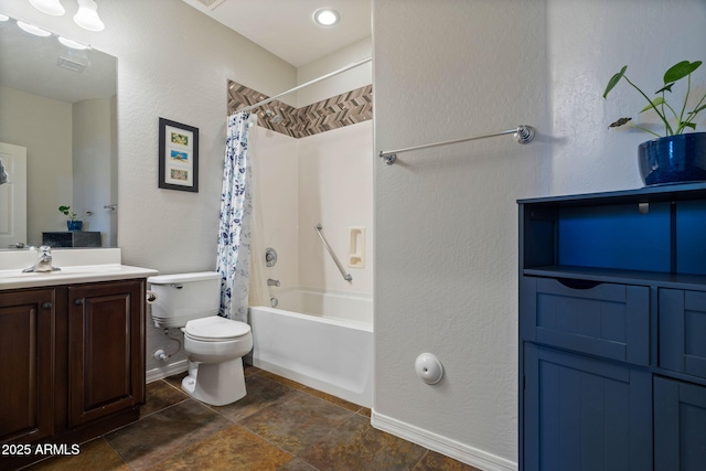 full bathroom with toilet, vanity, and shower / bath combo with shower curtain