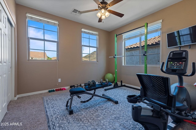 workout room featuring carpet floors and ceiling fan