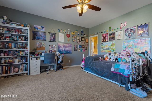 carpeted bedroom featuring ceiling fan